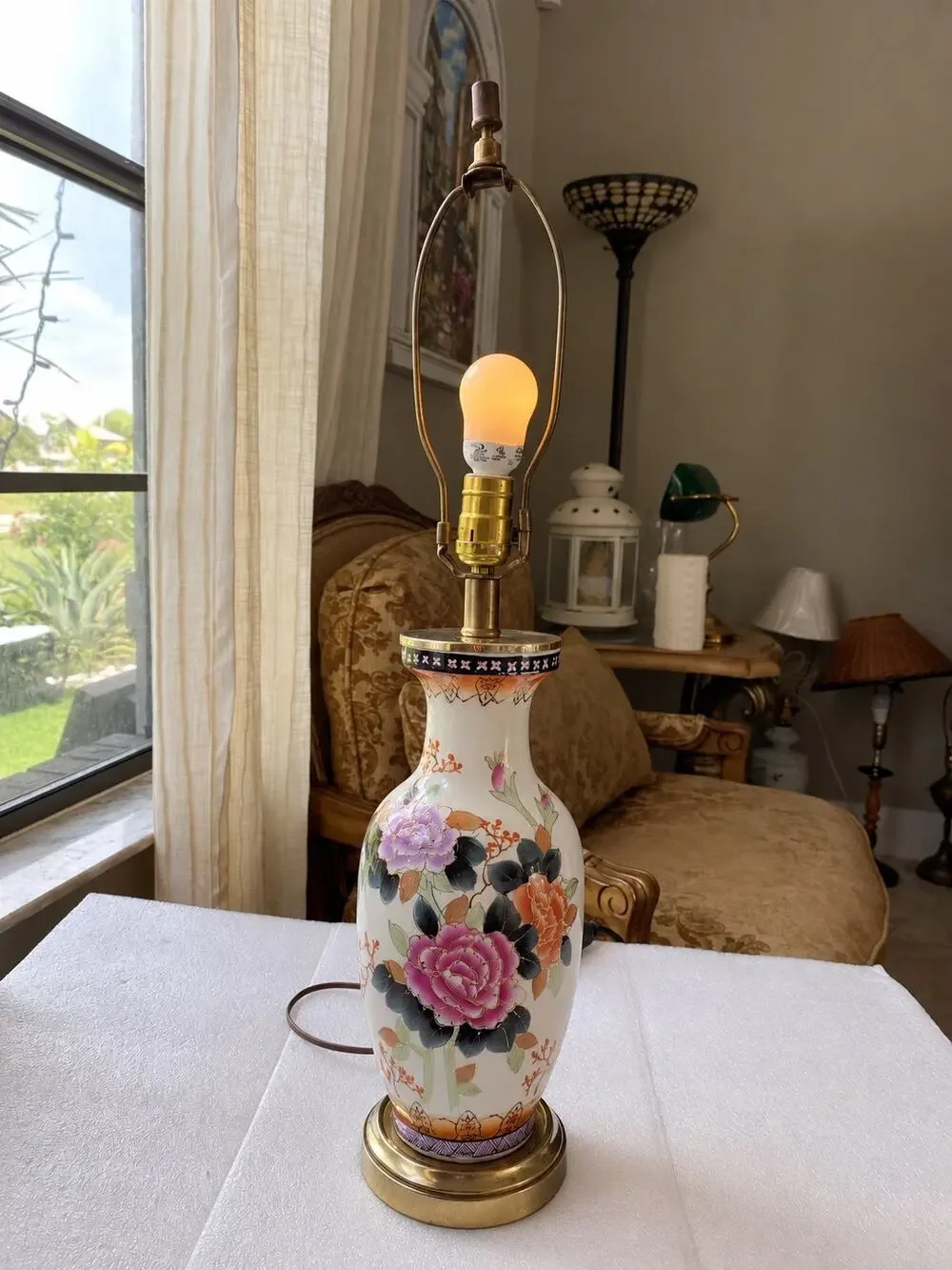 vintage hand-painted porcelain vase table lamp colorful floral brass metal base
